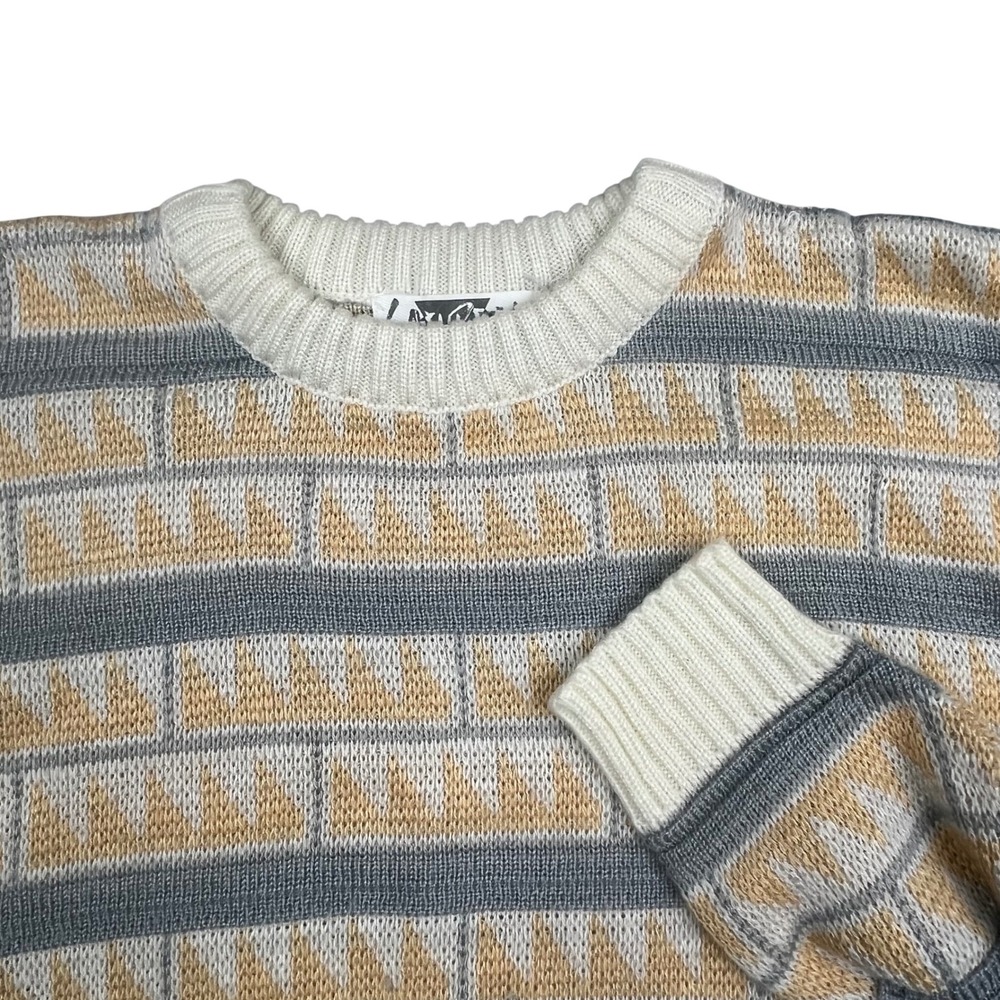Vintage Saturdays Mens Size Medium Geometric Knit Sweater Grey Tan WPL 9678 0601